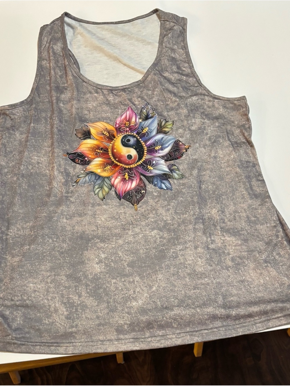 SHEIN Gray Tank Top with Multicolor Floral Yin Yang Graphic